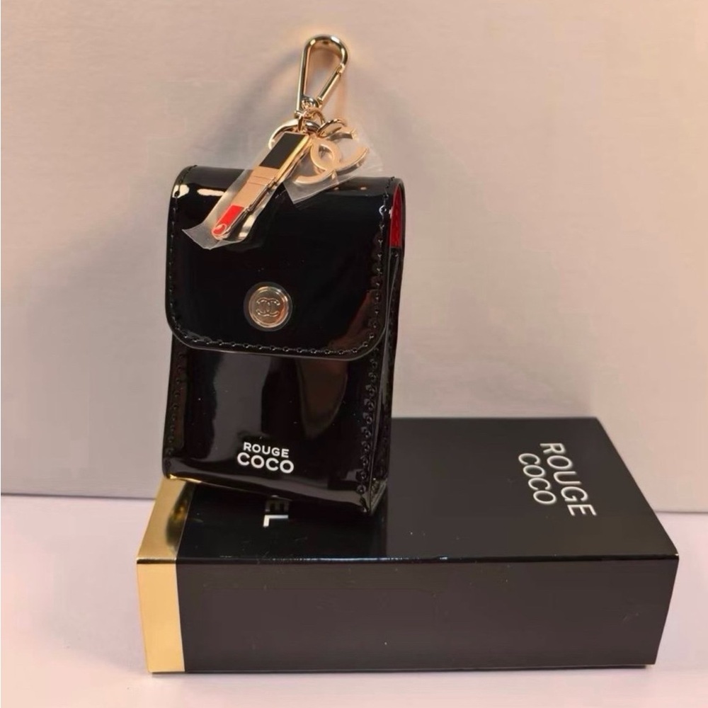 CHANEL Black Patent Rouge Coco Lipstick Holder Keychain with Gold Hardware